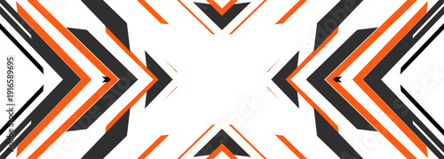 Bold orange black chevrons, abstract background. Sharp angular lines converge into central X, high energy motion and contrast, ideal for sports branding, event posters, and dynamic social banners.