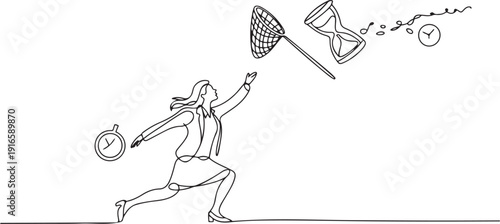 Single one line drawing businesswoman try to catching flying hourglass with butterfly net. Work completion deadline concept. Measure project speed. one line Icon drawing