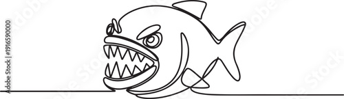 One single line drawing of angry piranha for logo identity. Amazon river fish mascot concept for monster creature icon. one line Icon drawing
