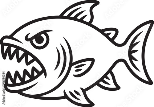 One single line drawing of angry piranha for logo identity. Amazon river fish mascot concept for monster creature icon. one line Icon drawing