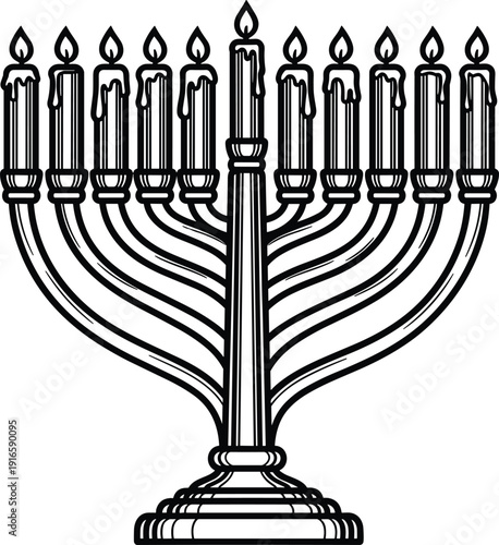 Black and white illustration of Hanukkah menorah with nine lit candles including shamash, traditional Jewish candelabrum symbolizing Festival of Lights celebration