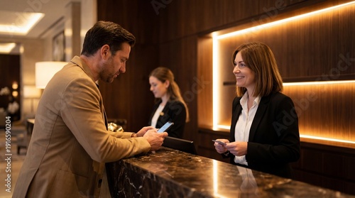 Businessman checking in at modern hotel reception desk with friendly staff