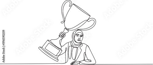 Continuous one line drawing Arabian businesswoman under heavy trophy burden. Office worker failed to win competition or business goals achievement. one line Icon drawing