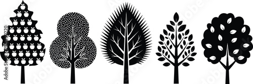 Black and white silhouette vector illustration of diverse stylized trees with unique foliage, leaves, branches, and artistic designs, symbolizing nature, environment, and botanical diversity