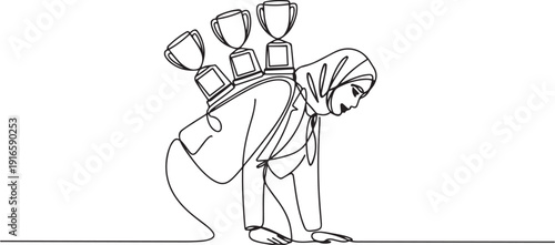 Continuous one line drawing Arabian businesswoman under heavy trophy burden. Office worker failed to win competition or business goals achievement. one line Icon drawing