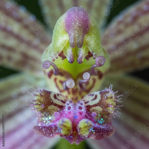 Extreme Macro View of a Delicate Orchid Bloom with Intricate Petal Patterns and Dew Drops Sparkling in Soft Light