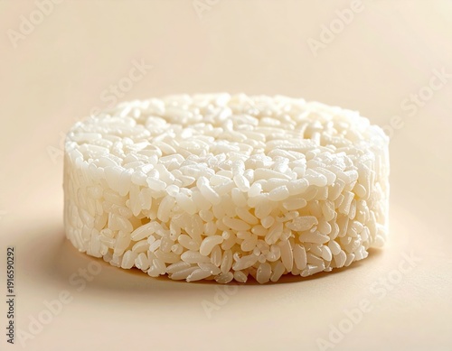A Circular Mound of Steamed White Rice Centered on a Light Beige Surface with Soft Natural Lighting Showcasing Grains Texture