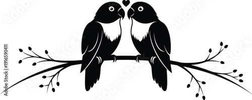 Black and white vector illustration of two lovebirds perched on a leafy branch with a heart for romance, wedding, valentine and love concepts