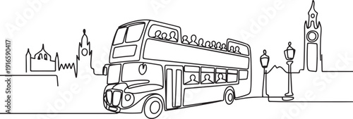 Continuous one line drawing double decker buses take tourists around the city to enjoy old city tour package. A promising transportation business. one line Icon drawing
