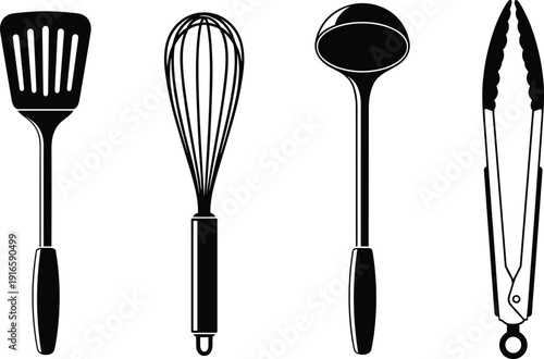 Black and white vector illustration set of kitchen utensils including spatula whisk ladle and tongs for cooking restaurant food preparation and culinary tool concepts