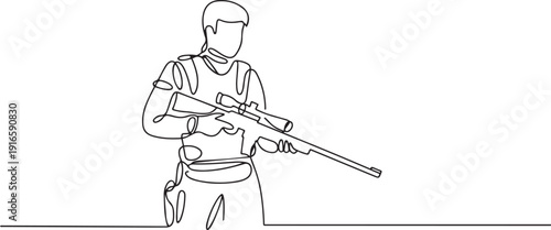 Single continuous line drawing of young male soldier pose standing and holding sniper weapon. Professional work job occupation. Minimalism concept. one line Icon drawing