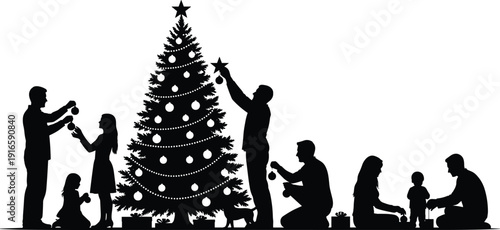 Black silhouette of a family decorating a large Christmas tree with ornaments and star for winter holiday celebration festive home and merry season concepts
