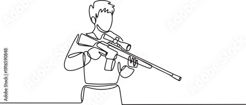 Single continuous line drawing of young male soldier pose standing and holding sniper weapon. Professional work job occupation. Minimalism concept. one line Icon drawing