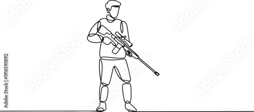 Single continuous line drawing of young male soldier pose standing and holding sniper weapon. Professional work job occupation. Minimalism concept. one line Icon drawing