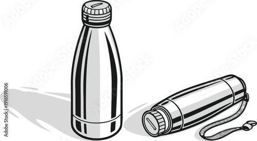 Silver Metal Water Bottle and Flashlight, Essential Outdoor Gear and Survival Equipment for Adventure and Camping. Isolated white background