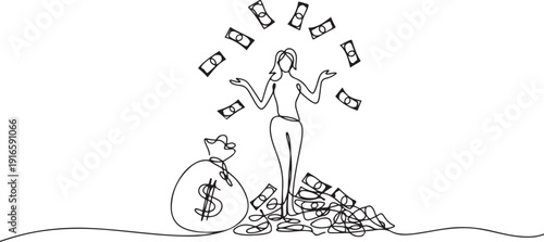 Continuous one line drawing woman stands on pile of banknotes and money bag throwing banknotes. Throwing money into being an investor. one line Icon drawing