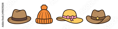 Collection of four distinct cartoon hats including fedora, beanie, sun hat, and cowboy hat