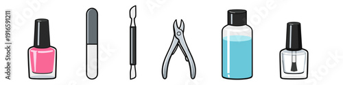 Manicure and pedicure tools including nail polish, file, cuticle pusher, nippers, and liquids
