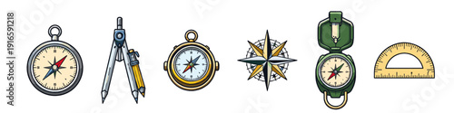 Collection of navigational and drawing tools including compasses, protractor, and drafting compass