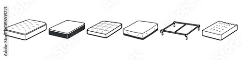 Collection of various mattress types and a bed frame in a simple line art style