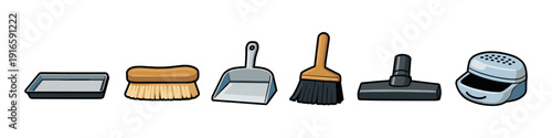 Collection of cartoon cleaning tools including dustpan, brushes, and vacuum cleaner attachments