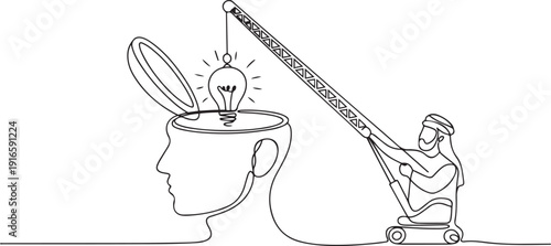 Single continuous line drawing Arab man controls crane inserts lightbulb into big open silhouette of a head. How to control the mind. National Creativity Day. one line Icon drawing