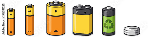 Variety of common battery types shown in a row, from small to large