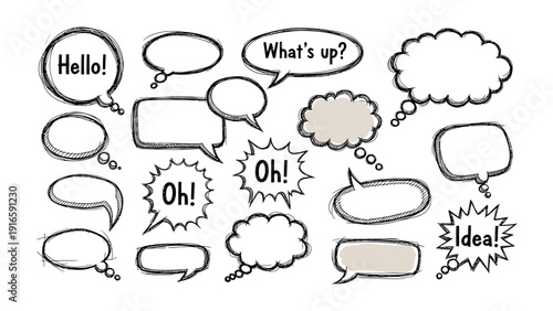 Dialogue Bubbles : A variety of dialogue bubbles, each with a unique shape and style, floating on an airy backdrop. They stand as visual representation for ideas, thoughts and expressions.