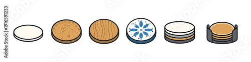 Collection of diverse round coasters in isometric view, isolated on white background