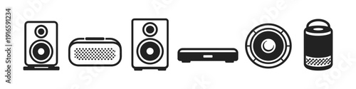 Collection of modern audio equipment icons including speakers and subwoofers