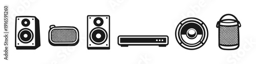 Collection of audio equipment icons including speakers, subwoofer, and portable speaker