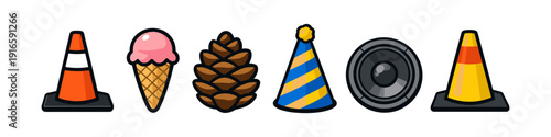 Collection of diverse icons including traffic cones, ice cream, pinecone, party hat, and speaker