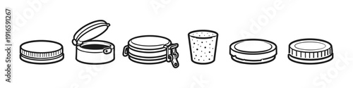 Collection of various container lids and stoppers in a simple line art style