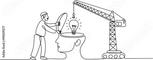 Single continuous line drawing Arab man controls crane inserts lightbulb into big open silhouette of a head. How to control the mind. National Creativity Day. one line Icon drawing