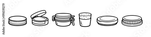 Collection of various container lids and caps in a simple line art style