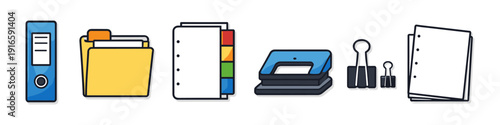 Collection of office supplies for organizing documents and papers on a white background