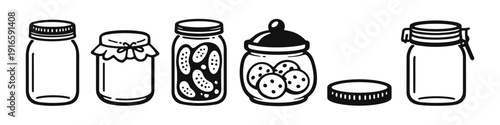 Collection of various glass jars and lids in a simple line art style