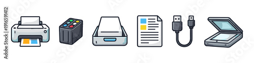 Set of office technology icons including printer, scanner, and USB cable