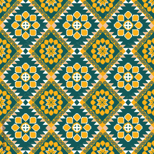 Vibrant geometric pattern inspired by traditional tribal artistry blended harmoniously with classic Thai textile motifs. The balanced fusion of fresh green and warm yellow tones creates a bright yet