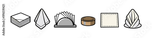 Collection of various napkin and holder designs, simple flat icons for convenience