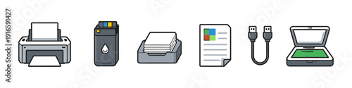 Collection of icons representing office printing and scanning equipment and supplies