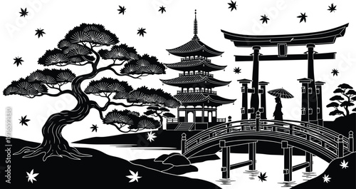 Black silhouette of traditional Japanese landscape featuring a pagoda temple torii gate bridge bonsai tree and autumn maple leaves for travel and culture concepts