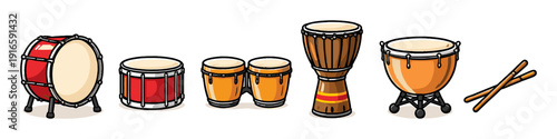 Collection of various percussion instruments and drumsticks, cartoon style