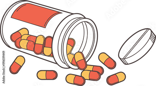 Spilled Pill Bottle with Red and Yellow Capsules Symbolizing Medication, Pharmacy, Healthcare, and Medical Treatment. Isolated white background