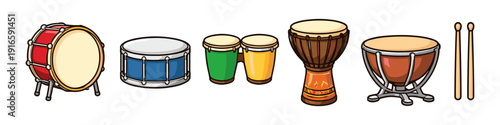 Collection of diverse percussion instruments including drums and drumsticks