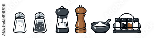 Collection of salt and pepper shakers, grinders, and spice jars on a white background
