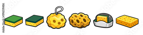 Collection of cartoon sponges and cleaning tools for household chores and hygiene