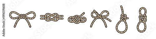 Collection of various nautical and decorative rope knots illustrated on a white background