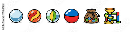 Collection of colorful marbles, a marble bag, and a marble run toy on a white background