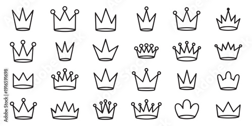Outline stroke black crowns set collection luxury authority and monarchy symbols on white background isolated